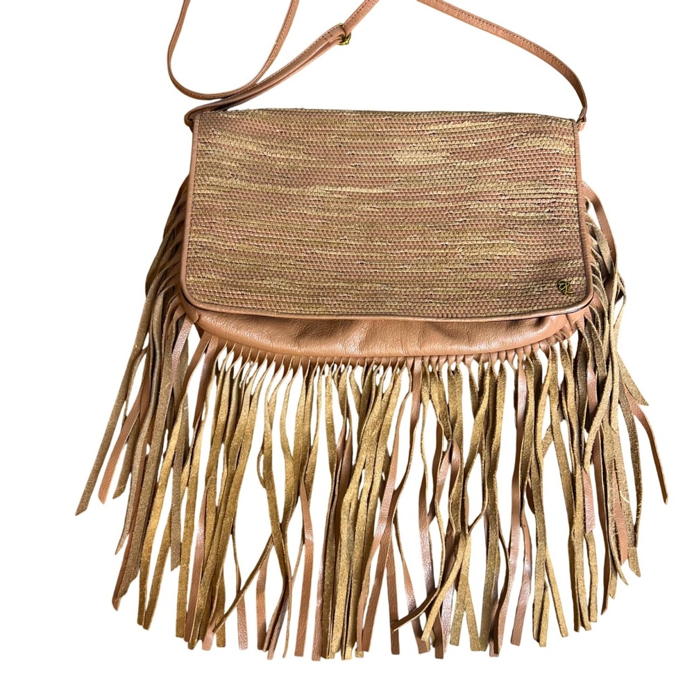 Elliott Lucca Fringe Crossbody Bag Woven Straw Leather Tan Boho Hippie‎